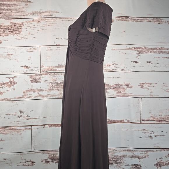 Tadashi Shoji Maxi Gown Pleated Ruched Jewel Front Brown Size 8 - Picture 2 of 11